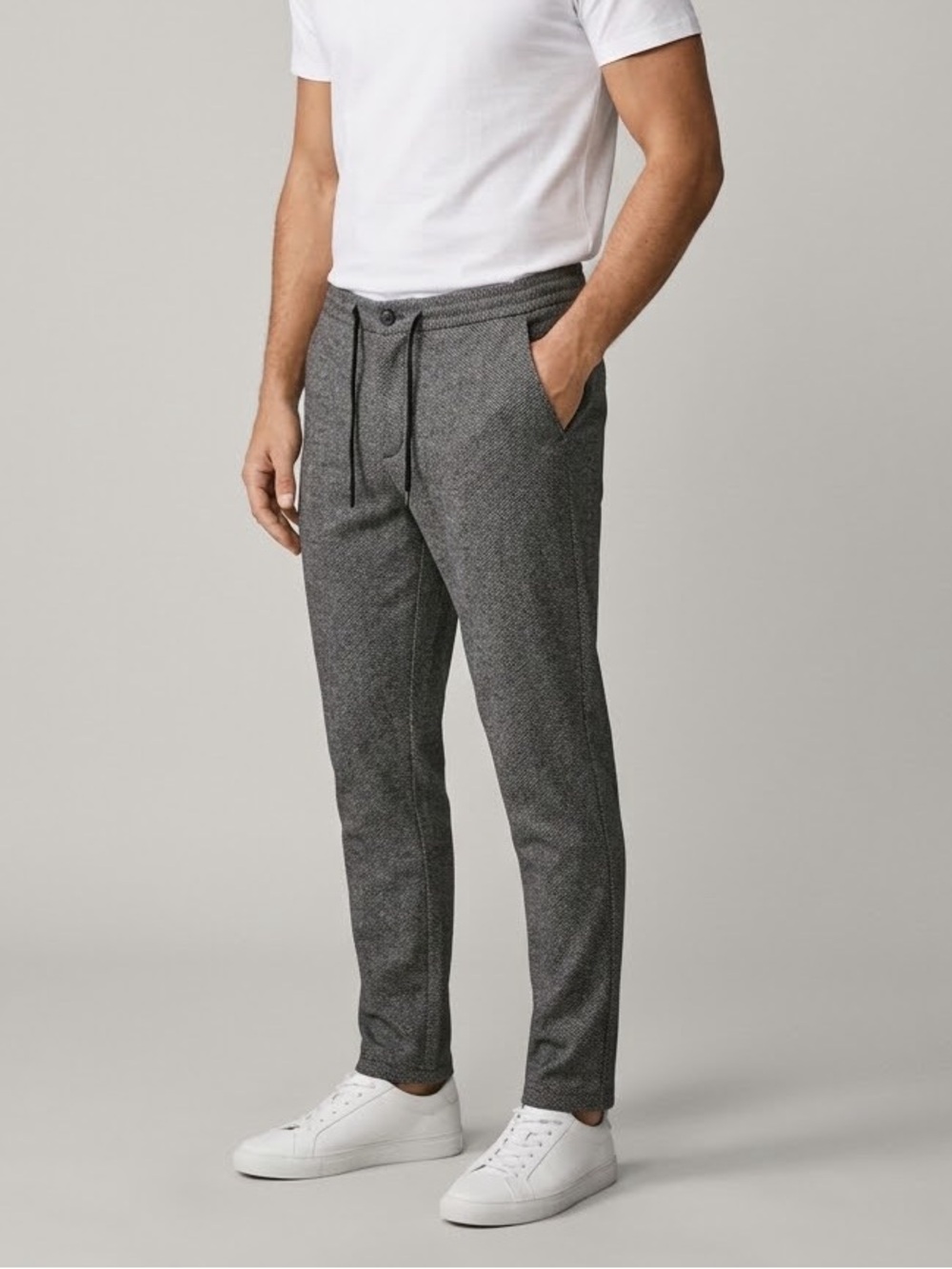 ZARA Mens Herringbone Drawstring Jogger Pants Gray L Large